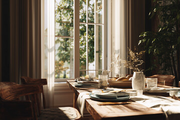Fototapeta premium Elegant Dining Room with Wooden Table and Natural Light