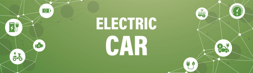 Electric car vector mockup with charge station. Electro vehicle shape icon set with charger, battery power and plug.