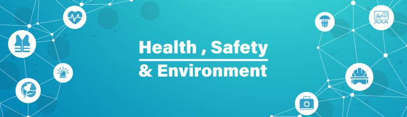 Health Safety and Environment Icon Set and Web Header Banner. icons related to industrial accident prevention, workplace safety training, industrial regulations, hazard warning, protective equipment.