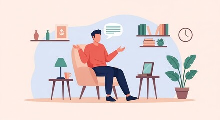 Illustrated man in armchair gesturing with speech bubble in cozy room
