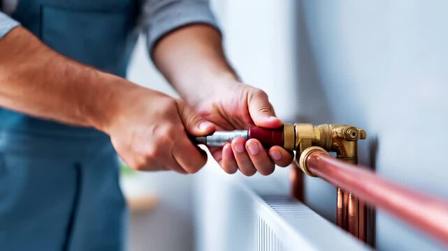 Professional plumber using torch to solder copper pipe fitting on heating radiator system. Skilled tradesman performing joint installation, plumbing maintenance work with precision tools and equipment