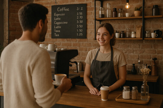 Coffee Shop Moment: A friendly barista interacts with a customer at the counter of a cozy coffee shop, creating a welcoming atmosphere.