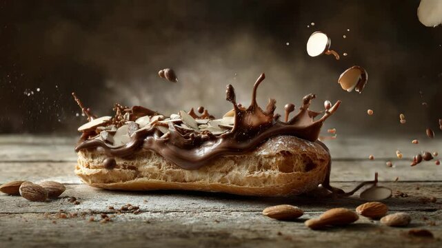 Decadent chocolate eclair with nuts and a dramatic chocolate splash.
