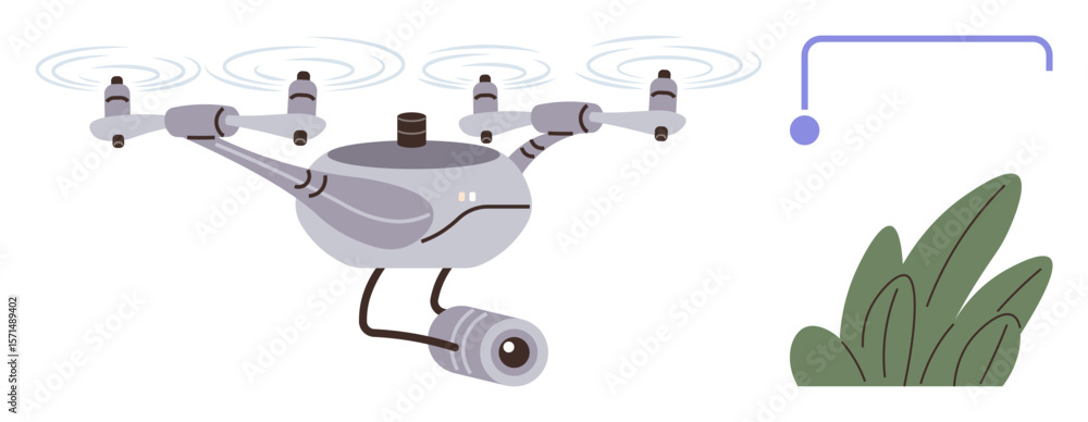 Aufkleber high-tech drone with built-in camera hovering mid-air, following a navigational path marked with min