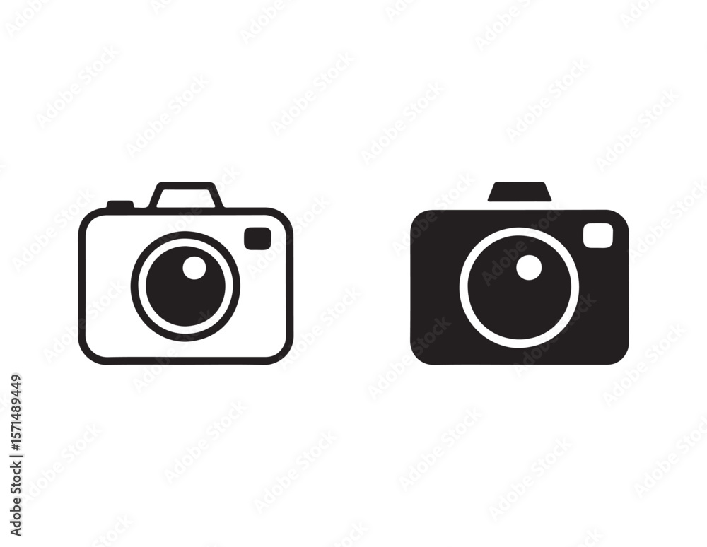 Poster two simple camera icons one outline and one solid black isolated on white background