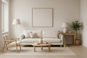 Obraz premium Modern minimalist living room interior: beige sofa, wooden coffee table, and large blank canvas artwork.