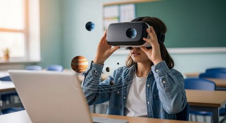 Immersive learning: Girl explores solar system with VR headset in classroom setting