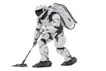 Futuristic armored soldier using a metal detector.