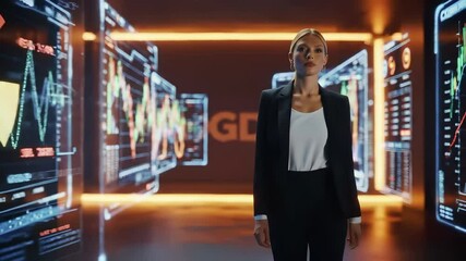 Professional businesswoman analyzing financial data charts and graphs on digital screens in modern corporate office environment. Investment analytics, market performance metrics, trading dashboard - Powered by Adobe