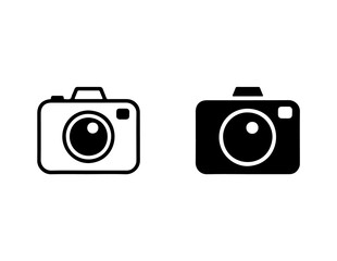 Two simple camera icons one outline and one solid black isolated on white background