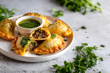 Creative food template. Golden Empanada Curry puff crispy fried baked turnover pastry with beef meat filling topped with chimichurri dip sauce on white concrete top, copy text space.	
