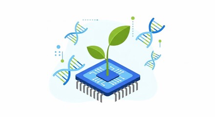 Isometric Illustration of Plant Sprout Emerging from Microchip with DNA Strands