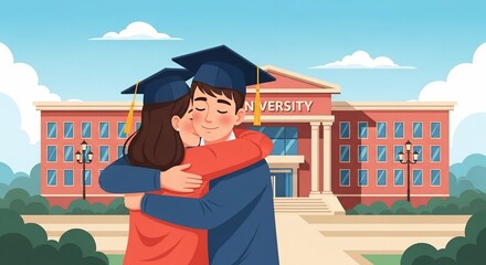 Joyful Graduation Embrace: Two Graduates Hugging in Front of University Building