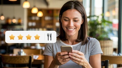 Woman smiling while using smartphone with star rating overlay