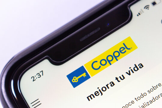 Mexico City, MEXICO - Oct 29 2024 : Smartphone displaying the Coppel website. Translation : Improve your life.