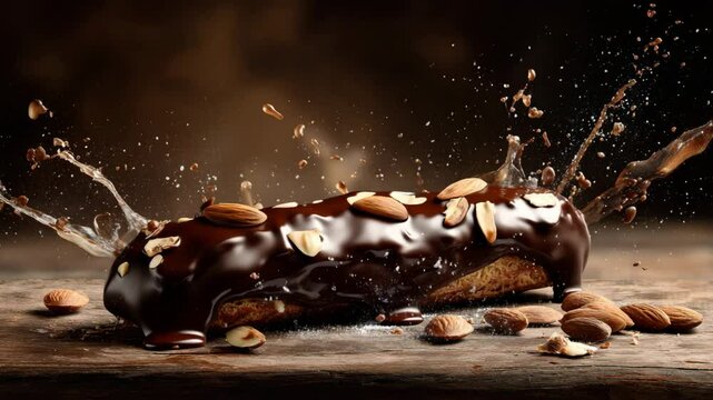 Decadent chocolate eclair with nuts and a dramatic chocolate splash.
