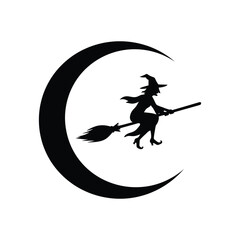 A silhouette of a witch flying on a broomstick in front of the crescent moon, isolated on white background