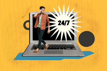 Creative banner image collage of young business entrepreneur guy 24 7 workaholic improvement trader...