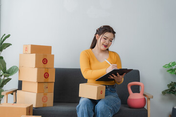 Logistics Lady: A focused woman, immersed in managing packages for shipping, meticulously...