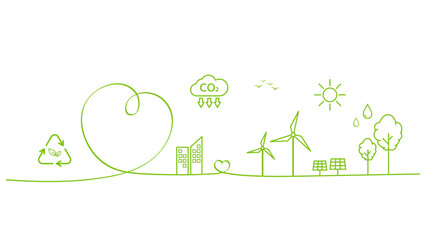 Doodle line art for Sustainability development symbol, ESG, green energy, sustainable industry, ecological production concept banner. Environmental, Social, Corporate Governance