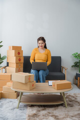 Woman shopping online with mobile phone/laptop at home