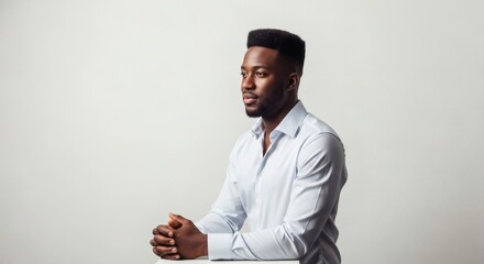 Portrait of handsome african american man in shirt looking away against plain background studio shot