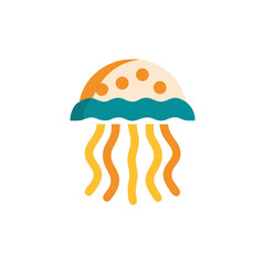 Colorful flat illustration of a jellyfish with flowing tentacles, showcasing vibrant hues of yellow, orange, and teal, creating a whimsical underwater atmosphere and marine life representation