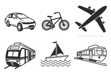 A car, bicycle, airplane, train, and boat isolated on white background