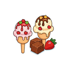 Ice Cream Cones with Brownies and Strawberry Dessert Illustration