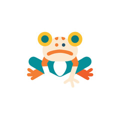 Colorful cartoon frog illustration with large eyes and vibrant limbs, sitting in a playful pose against a minimalistic white background, perfect for children's design projects