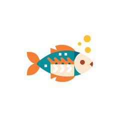 Colorful flat illustration of a fish swimming with bubbles, featuring vibrant scales and playful design elements, ideal for aquatic themes and creative projects