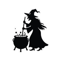 A witch stirring a cauldron, isolated on white background