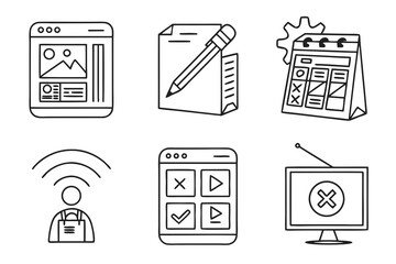 Six simple line icons representing digital and organizational tools