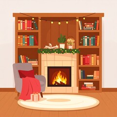 Cozy Fireplace With Christmas Decor And Bookshelves