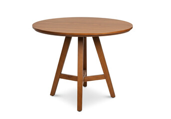 A round wooden table with three legs on a white background in a studio shot with soft lighting