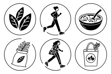 Six black and white icons representing healthy living and sustainability