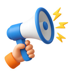 3D blue megaphone icon with human hand and sound waves, isolated on transparent background