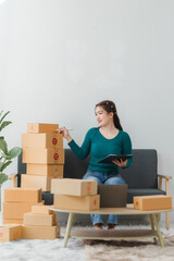 E-commerce Entrepreneur's Endeavor: A vibrant entrepreneur, nestled among stacks of packages and...