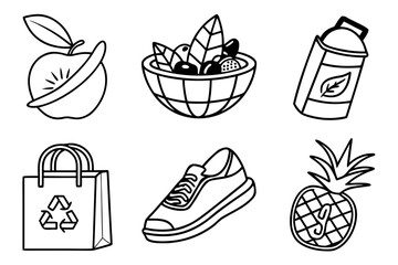 A collection of healthy food and lifestyle icons isolated on white
