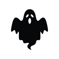 A black silhouette of a spooky ghost with a surprised expression is isolated on white background