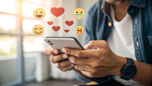 Photo of a man is using his smartphone, and happy emojis and hearts float around him, symbolizing positive feedback and social media engagement