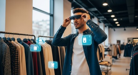 Man in Smart Glasses Browsing Clothing in Modern Store