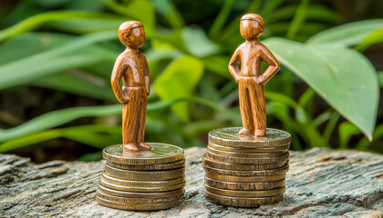 Wooden figurines standing on stacked coins representing financial growth and strategic decision-making