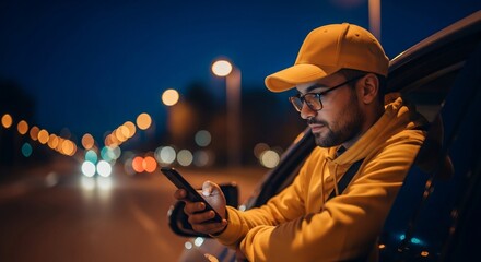 Man in Yellow Cap and Hoodie Using Phone at Night Near Road