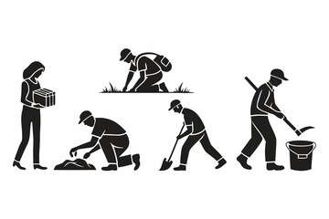 People are digging, planting, and carrying boxes outdoors