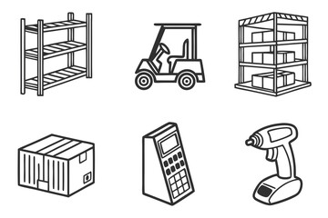 Shelves, a cart, boxes, and tools isolated on white background