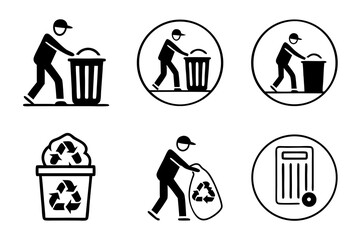 Man throwing garbage into a trash can isolated on white background