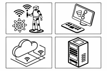 Technology and network icons isolated on white background