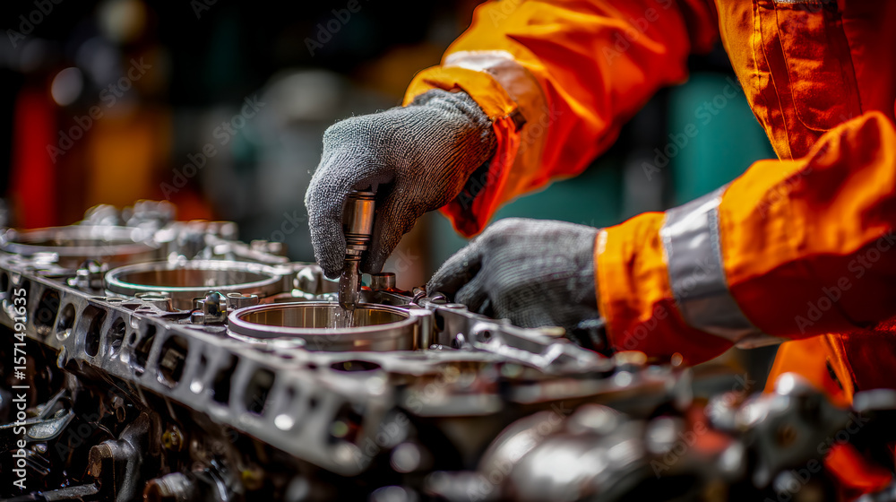 Poster mechanic inspecting engine components in a workshop