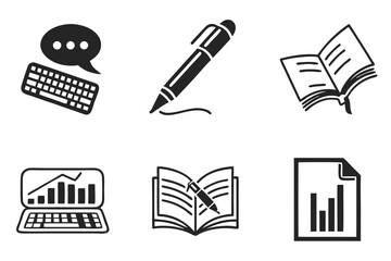 Black and white icons depict office and communication tools